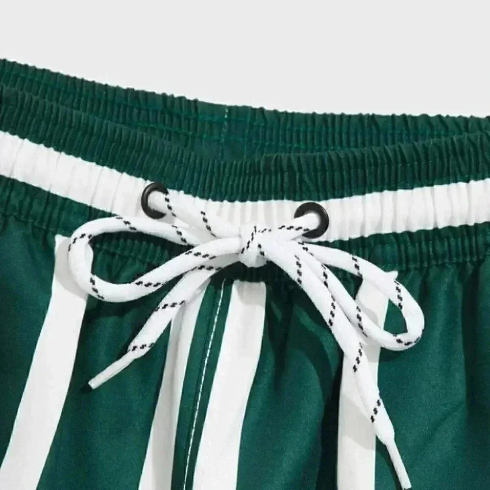 Green Vacation Style Striped Men's Swim Trunks